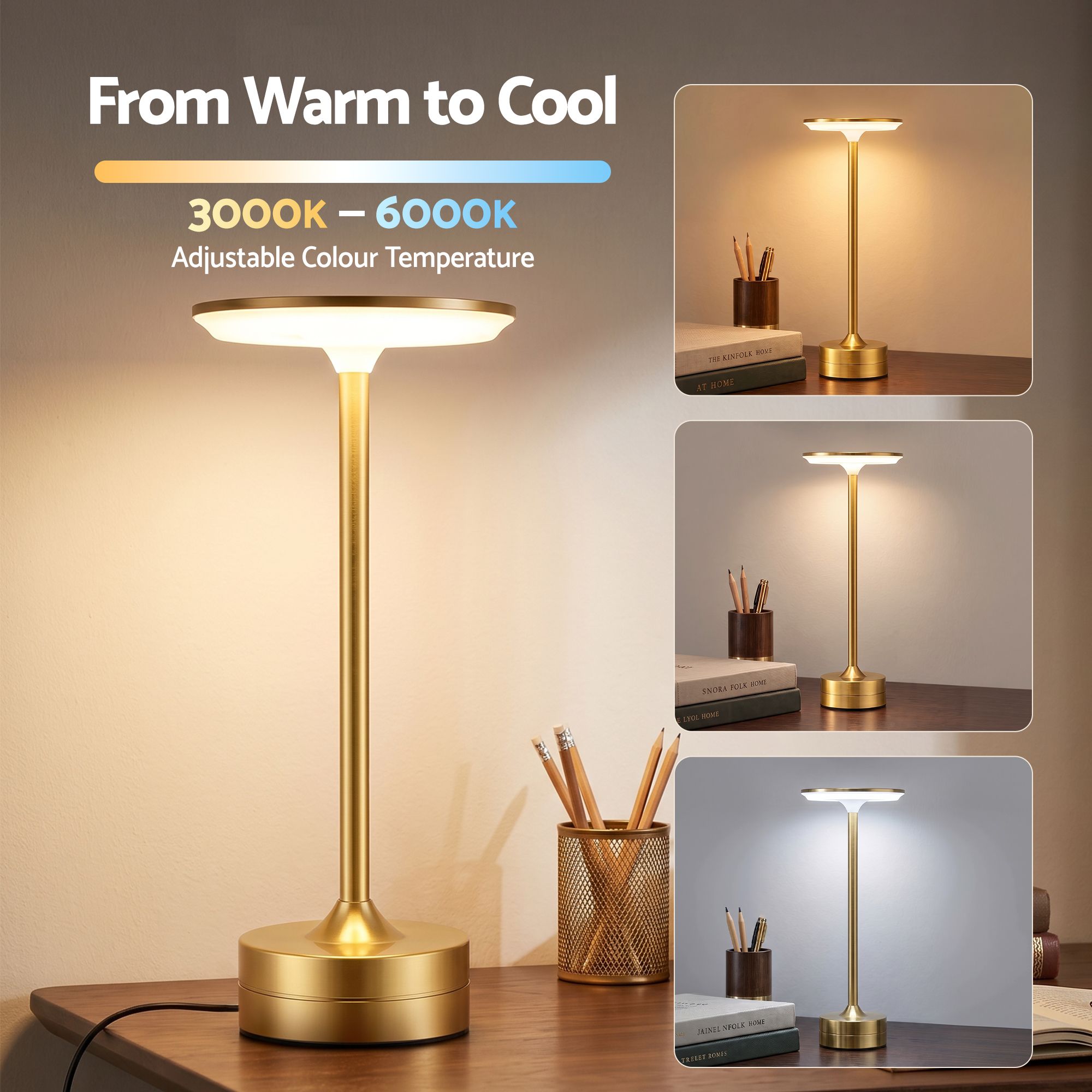 Artiss Gold Touch Table Lamp, Warm to Cool White LED, Dimmable 3000-6000K 24 LEDs, Type-C
