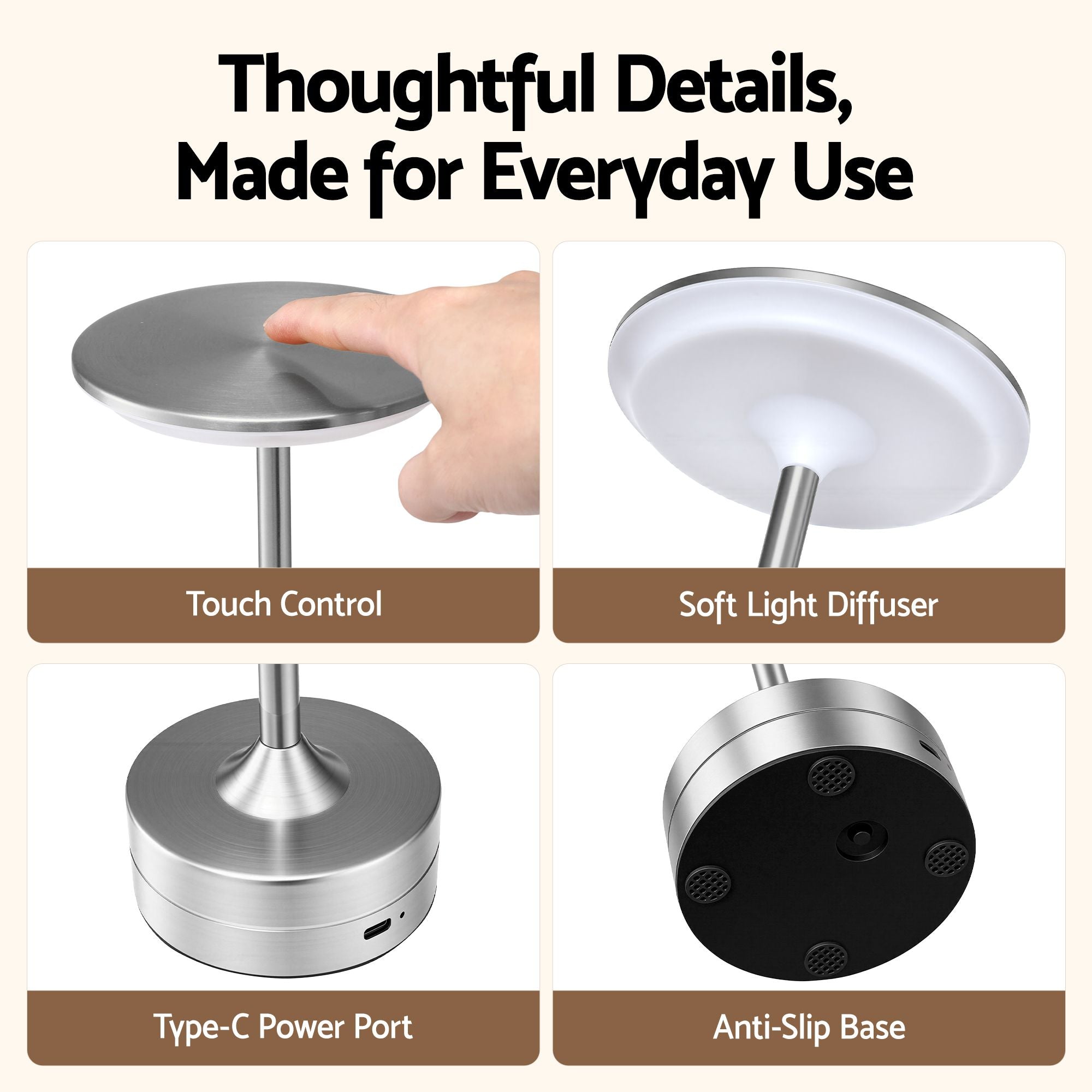 Artiss Silver Touch Table Lamp, Warm to Cool White LED, Dimmable 3000-6000K 24 LEDs, Type-C