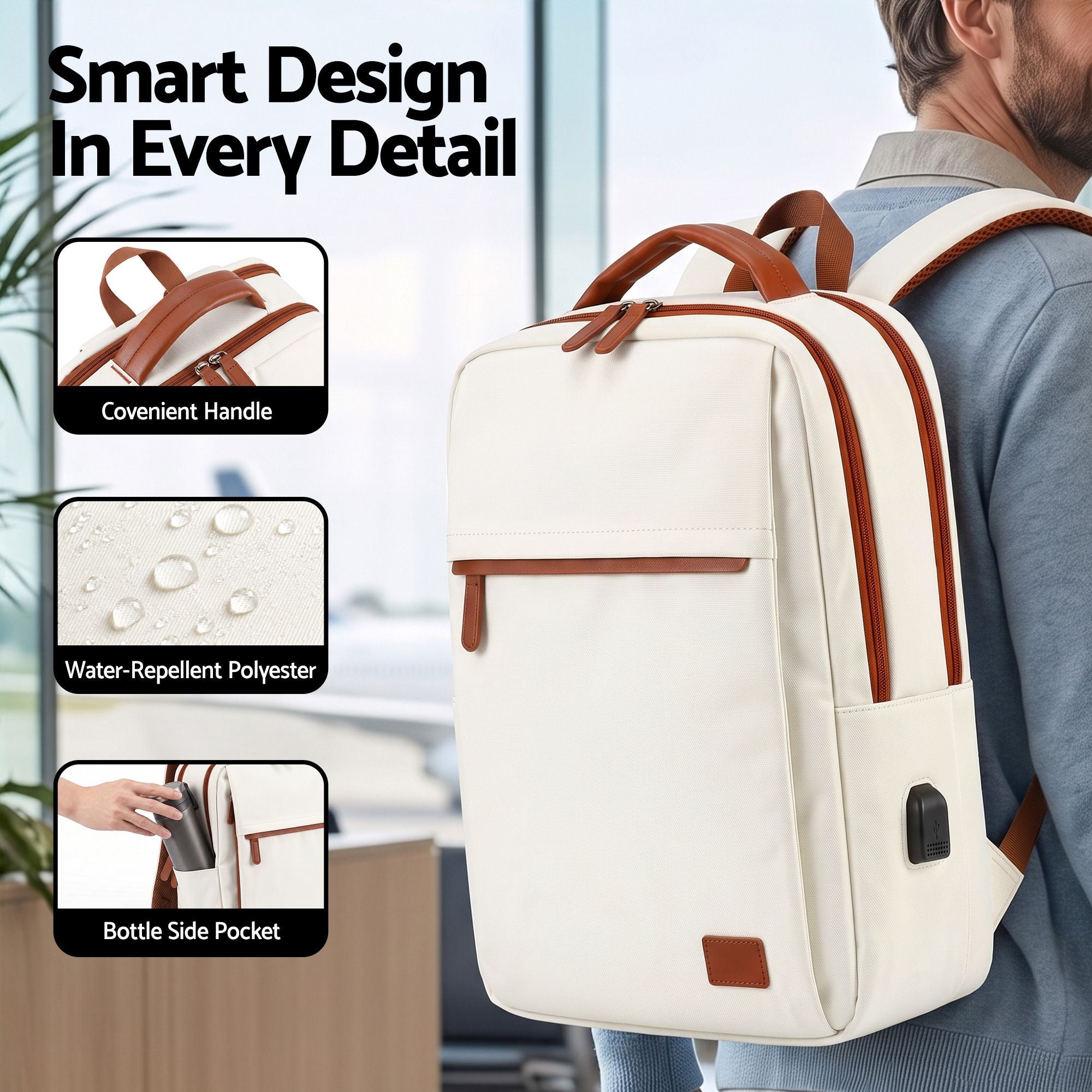 Wanderlite 20L Travel Laptop Backpack Carry On Work Bag with USB Port for Airlines Outdoor Business Beige
