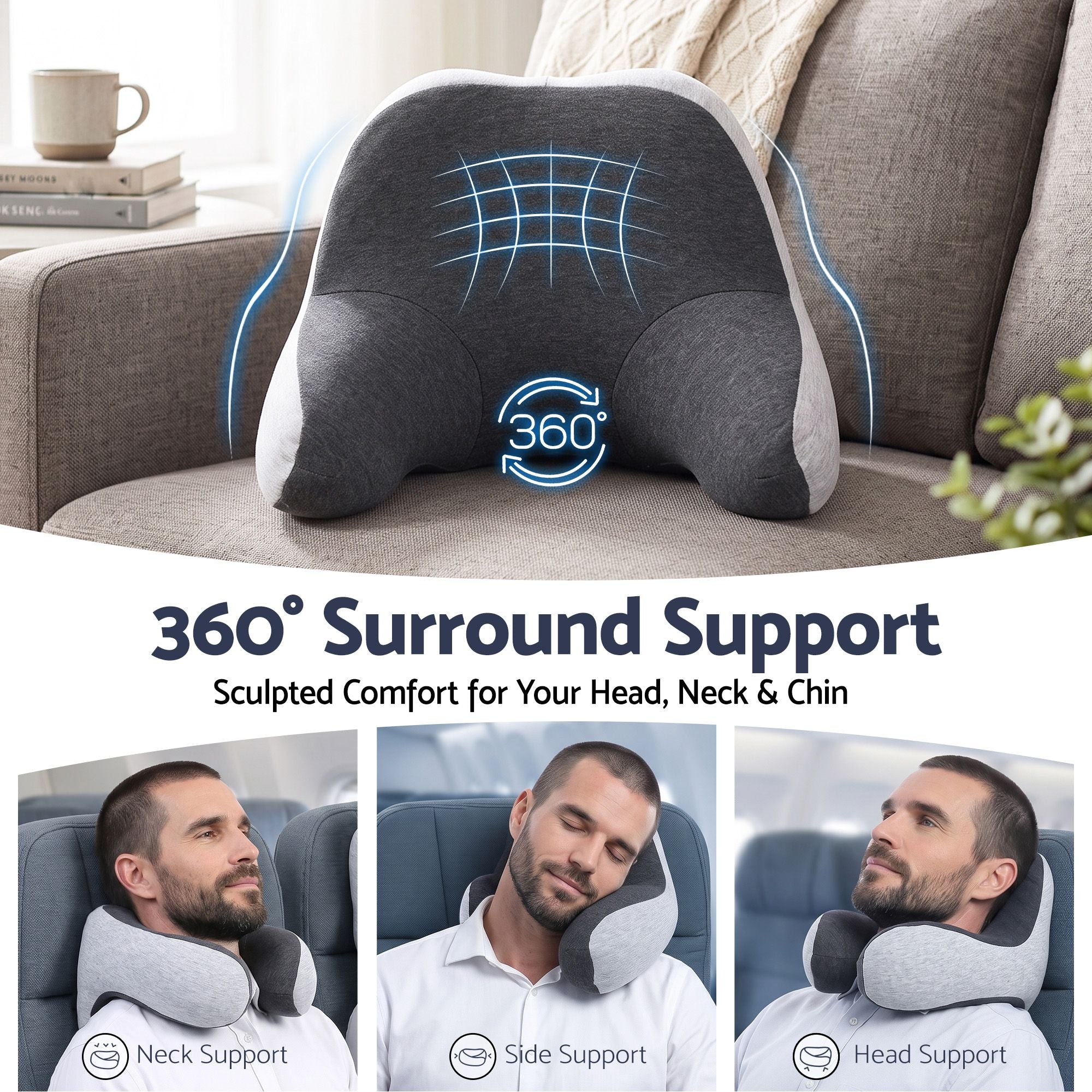 Wanderlite Travel Neck Pillow Portable for Airplane Memory Foam with Eyemask Earplugs Grey