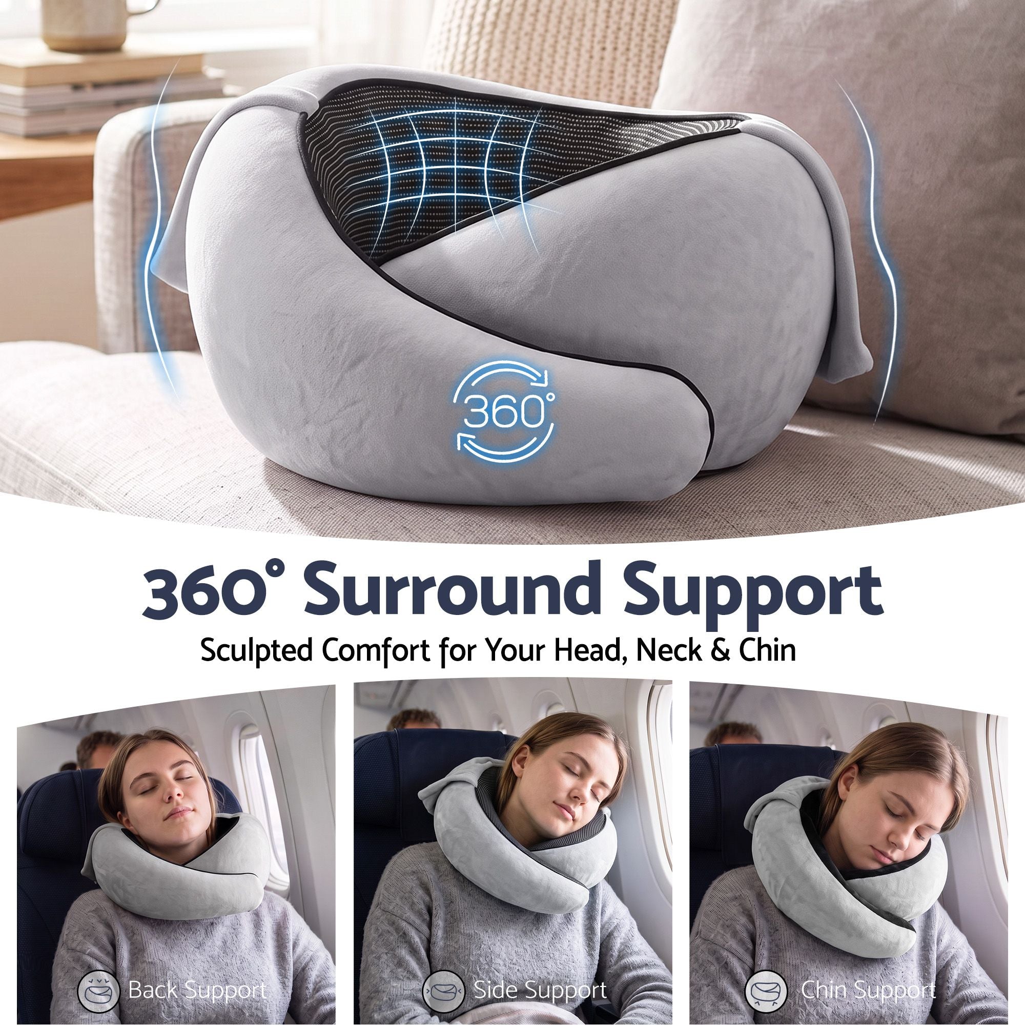 Wanderlite Hooded Travel Neck Pillow for Airplane Memory Foam with Eye Mask Earplugs, Light Grey