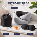 Wanderlite Hooded Travel Neck Pillow for Airplane Memory Foam with Eye Mask Earplugs, Light Grey