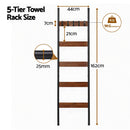 Devanti 5-Tier Blanket Ladder with Anti-Tip Kit, Towel Rack for Bathroom, Quilt Rack with 5 Hooks for Clothes and Bags, Black Metal and Rustic Wood Leaning Ladder Shelf, 44x160cm