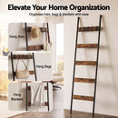 Devanti 5-Tier Blanket Ladder with Anti-Tip Kit, Towel Rack for Bathroom, Quilt Rack with 5 Hooks for Clothes and Bags, Black Metal and Rustic Wood Leaning Ladder Shelf, 44x160cm