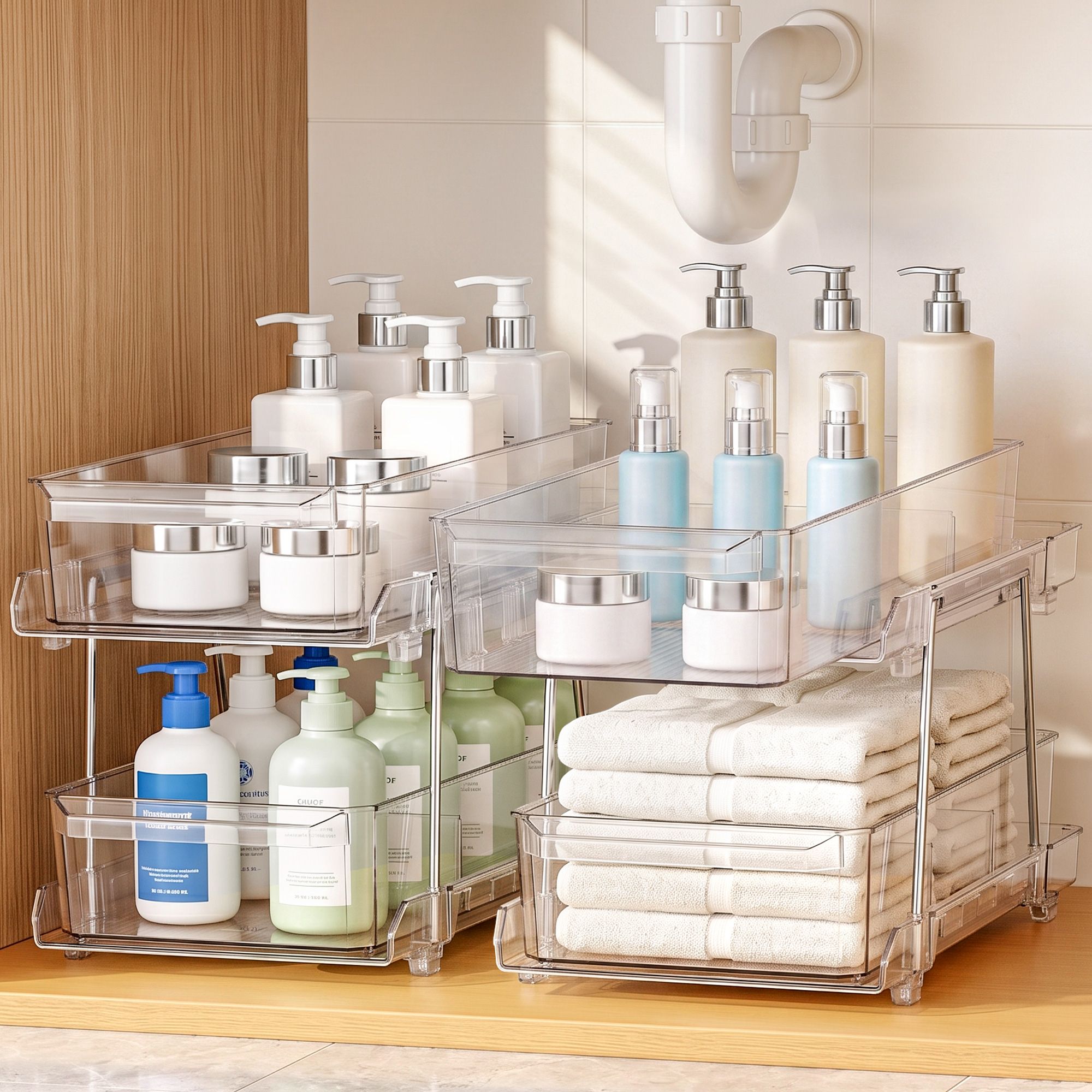Artiss 2 Pack Clear Pull Out Cabinet Organiser 2 Tier Storage Drawers