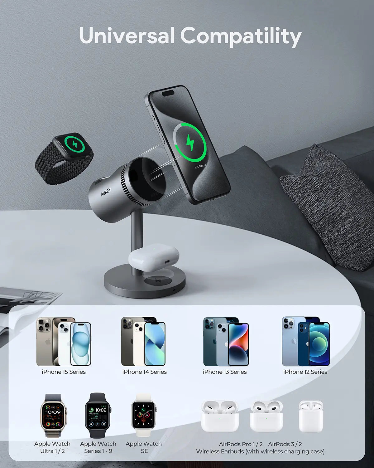 Aukey MagFusion 3-in-1 Pro Qi2 Magnetic Fast Wireless Charging Station with Active Cooling (LC-MC311A)