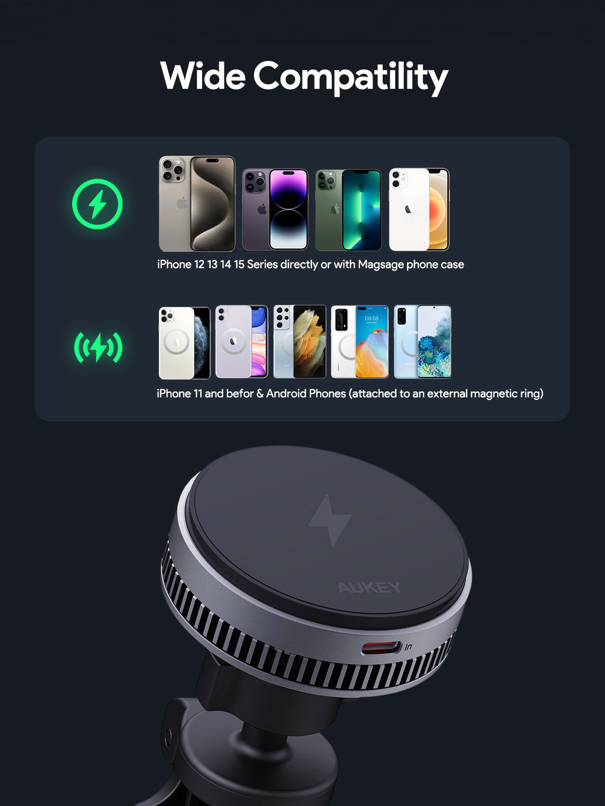 Aukey MagFusion Dash Pro Qi2 Magnetic Fast Wireless Charging Phone Mount with Active Cooling (HD-MC13A)