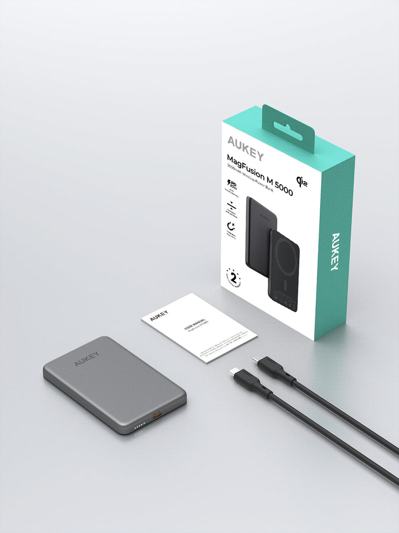 Aukey MagFusion M Qi2 5000mAh Magnetic Wireless Power Bank - Grey (PB-MS07)