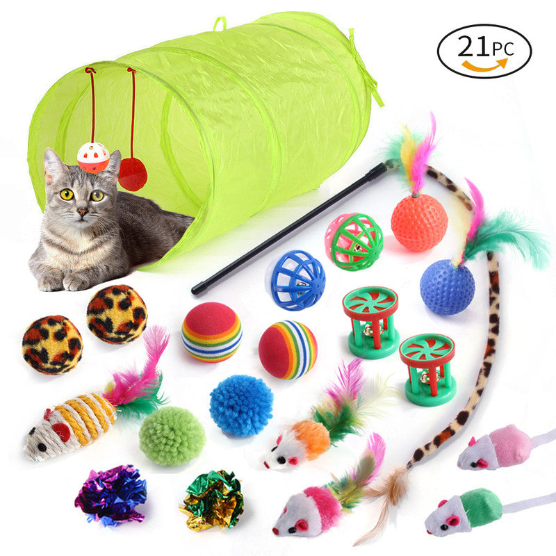 Pet Toy Super Set (21 Pcs) - Cat Tunnel, Teaser, Mice, Jingle Balls, & Pom Poms. (Note: accessory colors are shipped randomly).