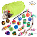 Pet Toy Super Set (21 Pcs) - Cat Tunnel, Teaser, Mice, Jingle Balls, & Pom Poms. (Note: accessory colors are shipped randomly).