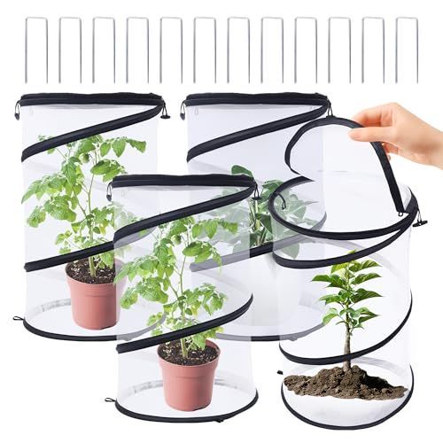 2Pack Pop Up Insect Barrier Plant Cover Net, 19.6" x 11.8" Round Foldable Plant Protectors Mesh Plant Enclosure, Garden Net Cage Guard Cover with Stakes & Carry Bag for Protect Plants from Bird Insect - White