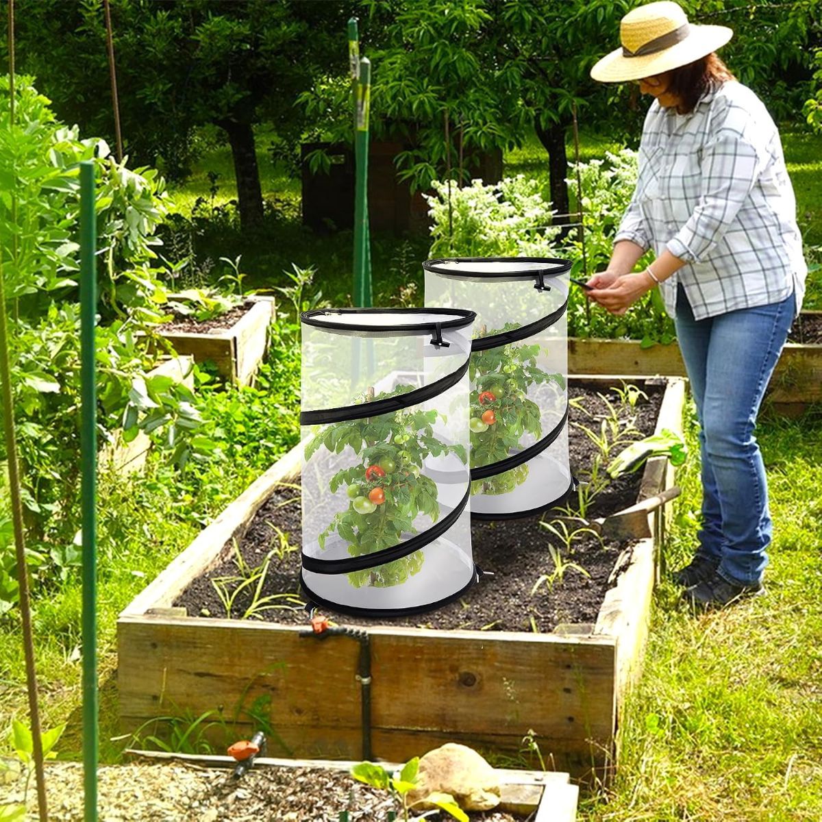 4Pack Pop Up Insect Barrier Plant Cover Net, 19.6" x 11.8" Round Foldable Plant Protectors Mesh Plant Enclosure, Garden Net Cage Guard Cover with Stakes & Carry Bag for Protect Plants from Bird Insect - White