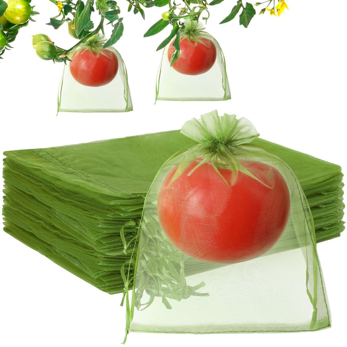 20*30cm 100PCS Fruit Protection Bags Green Netting Drawstring Mesh Cover, Pest Barrier for Tomato, Fruits, Blueberry, Veggies Garden - White - Size 20*30cm