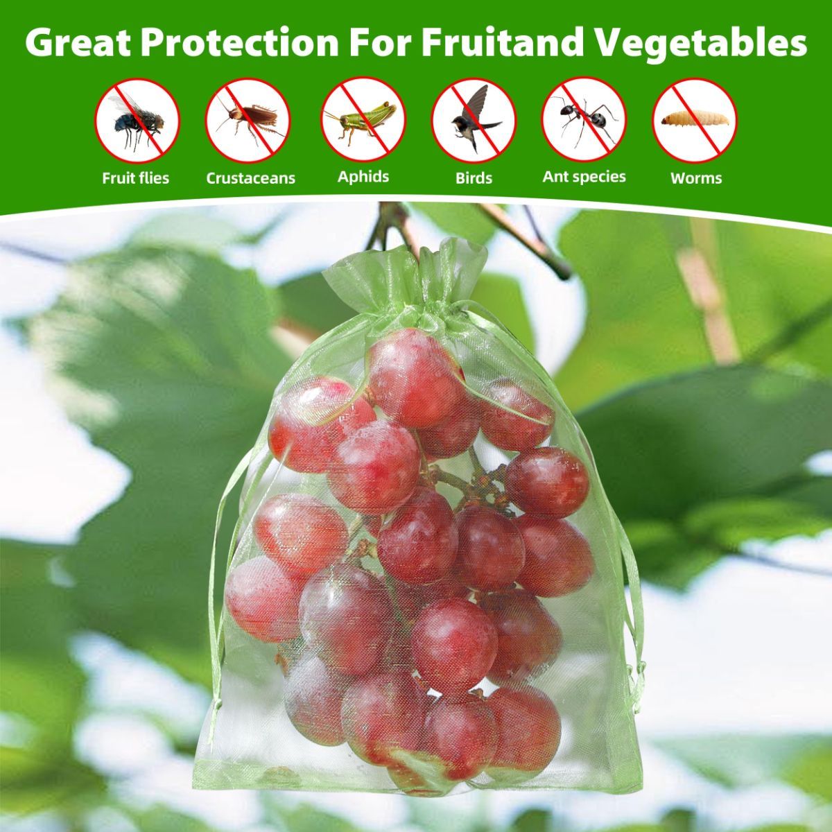 20*30cm 100PCS Fruit Protection Bags Green Netting Drawstring Mesh Cover, Pest Barrier for Tomato, Fruits, Blueberry, Veggies Garden - White - Size 20*30cm
