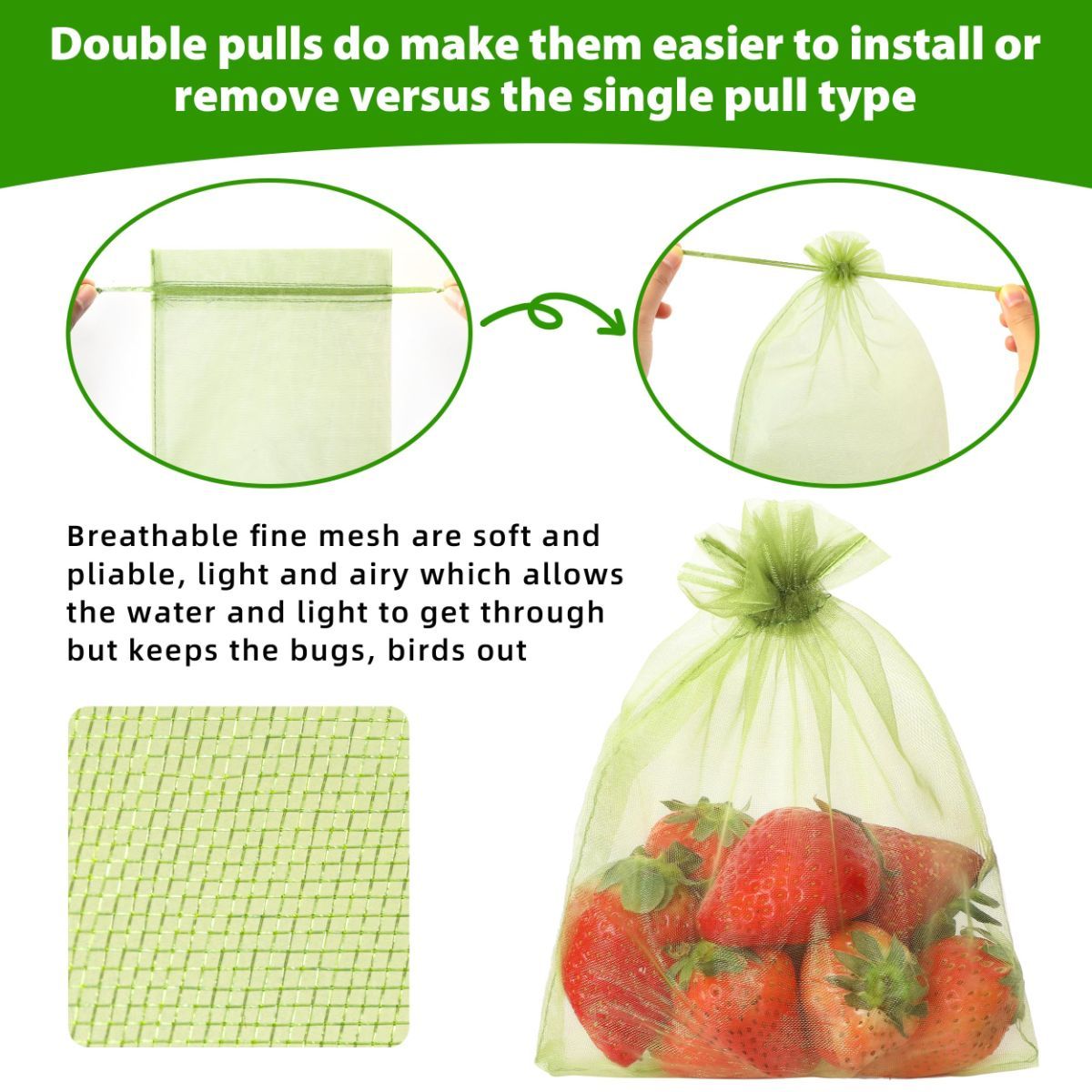 10*12cm 100PCS Fruit Protection Bags Green Netting Drawstring Mesh Cover, Pest Barrier for Tomato, Fruits, Blueberry, Veggies Garden - White - Size 10*12cm
