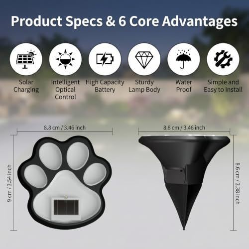 6Pack Paw Solar Lights Outdoor, Cute Dog Paw Solar Lights with 1 LED, Dual White & Warm Light IP65 Waterproof Solar Paw Print Lights for Lawn, Path, Garden Yard Decor - Warm White