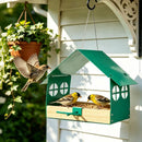 Metal Bird Feeder for Outdoor Hanging Wild Bird Feeder House with Weatherproof Roof Rust-Resistant Mesh Platform Easy to Clean & Refill for Attracting Finches Garden Yard Outside - Green - Size 20*14cm
