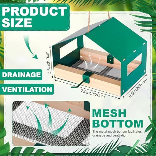 Metal Bird Feeder for Outdoor Hanging Wild Bird Feeder House with Weatherproof Roof Rust-Resistant Mesh Platform Easy to Clean & Refill for Attracting Finches Garden Yard Outside - Green - Size 20*14cm