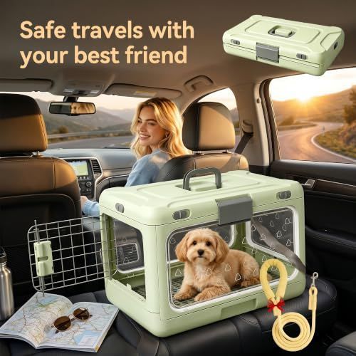 Foldable Hard Cat Carrier, Transparent Pet Crate for Cats & Small Dogs, Collapsible Travel Kennel with Ventilation & Urine Pad Mesh Grid, Portable Travel cage, Essential for pet Travel - Green - Size 20*12.59*12.2in