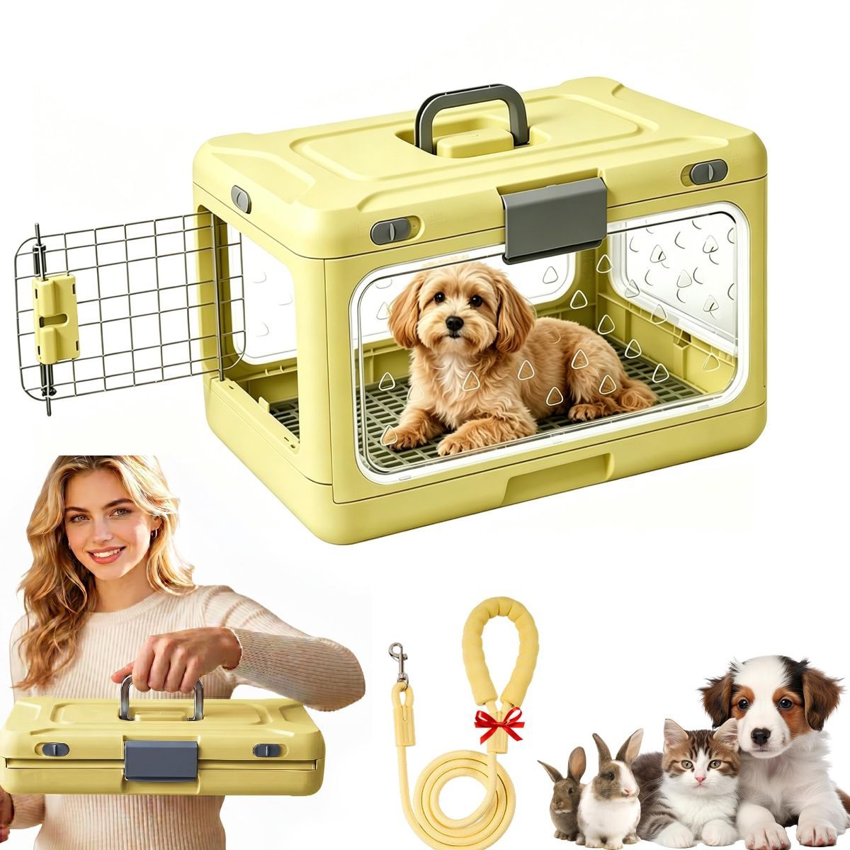 Foldable Hard Cat Carrier, Transparent Pet Crate for Cats & Small Dogs, Collapsible Travel Kennel with Ventilation & Urine Pad Mesh Grid, Portable Travel cage, Essential for pet Travel - Green - Size 20*12.59*12.2in