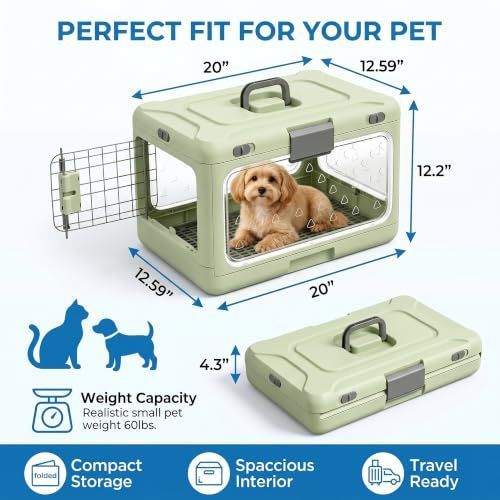 Foldable Hard Cat Carrier, Transparent Pet Crate for Cats & Small Dogs, Collapsible Travel Kennel with Ventilation & Urine Pad Mesh Grid, Portable Travel cage, Essential for pet Travel - White - Size 20*12.59*12.2in