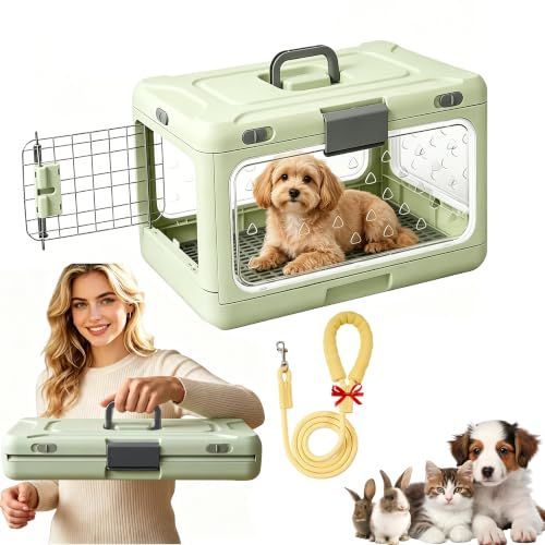 Foldable Hard Cat Carrier, Transparent Pet Crate for Cats & Small Dogs, Collapsible Travel Kennel with Ventilation & Urine Pad Mesh Grid, Portable Travel cage, Essential for pet Travel - White - Size 20*12.59*12.2in