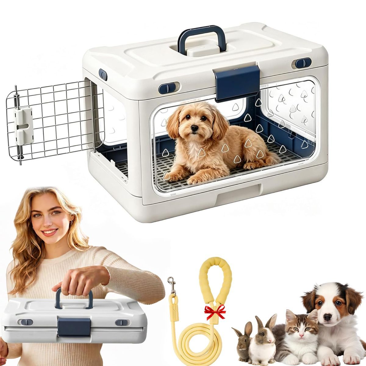 Foldable Hard Cat Carrier, Transparent Pet Crate for Cats & Small Dogs, Collapsible Travel Kennel with Ventilation & Urine Pad Mesh Grid, Portable Travel cage, Essential for pet Travel - Yellow - Size 20*12.59*12.2in