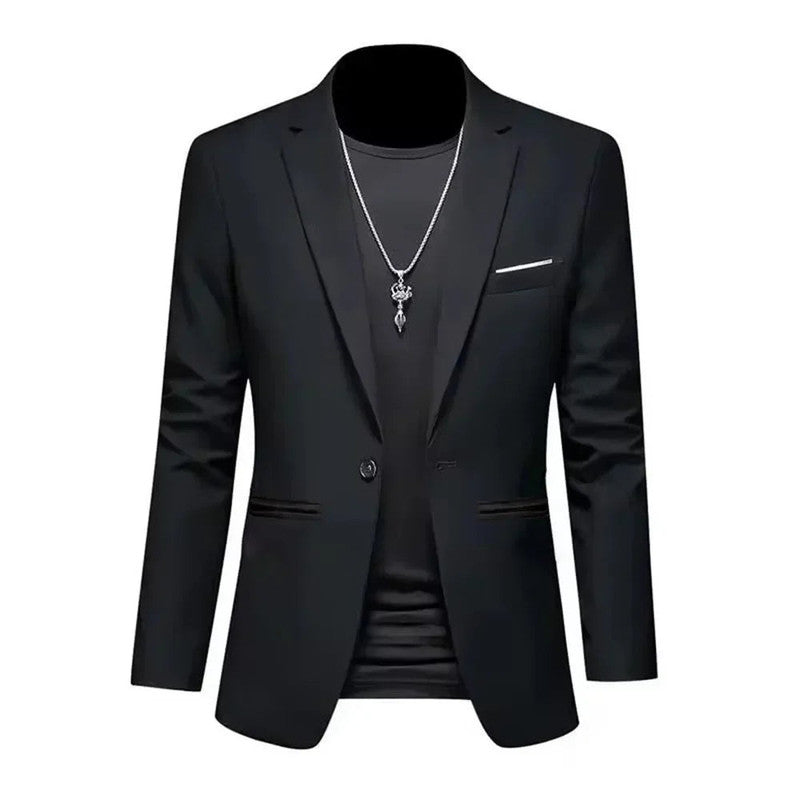 Mens Slim Fit Casual Suit Jacket Single Button (Black)