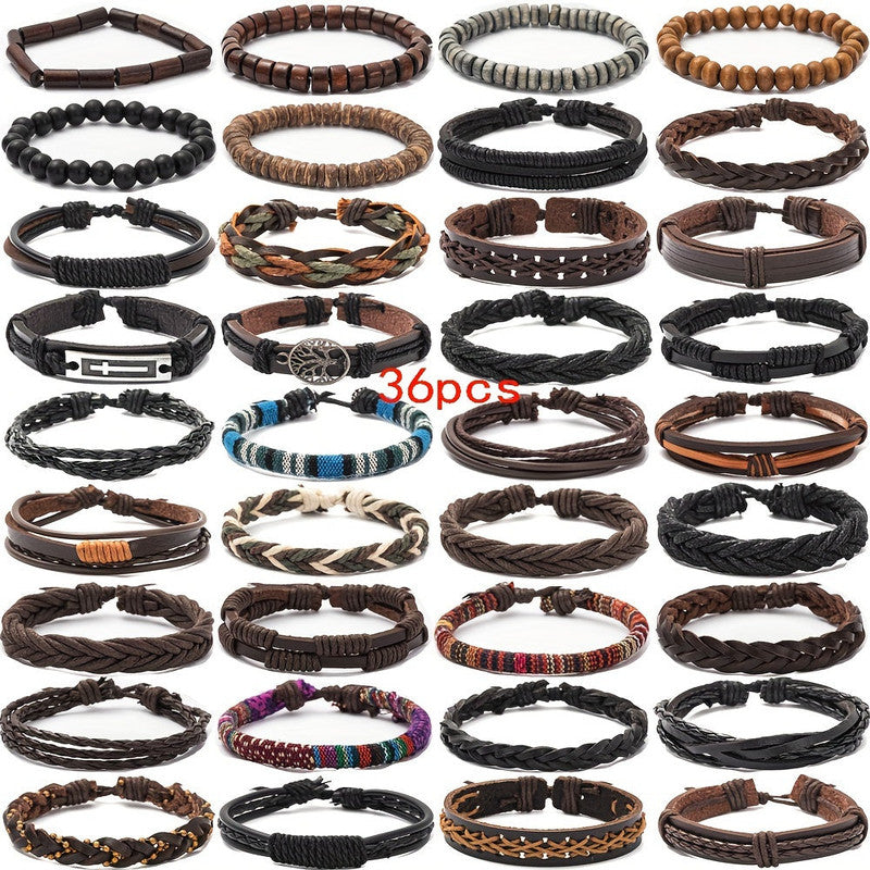 Men's Vintage PU Leather Bracelet Set (36pcs)