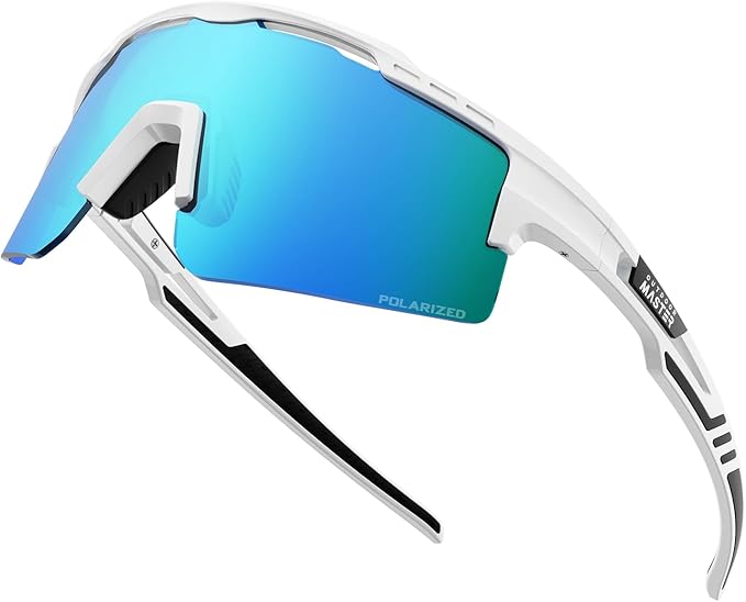 OutdoorMaster Hawk II Polarized Sports Sunglasses for Men Women, TAC 100% UV400 Protection TR90 Frame Cycling Sunglasses, Baseball Running Fishing Golf Glasses-White Frame+revo Blue Cat.3