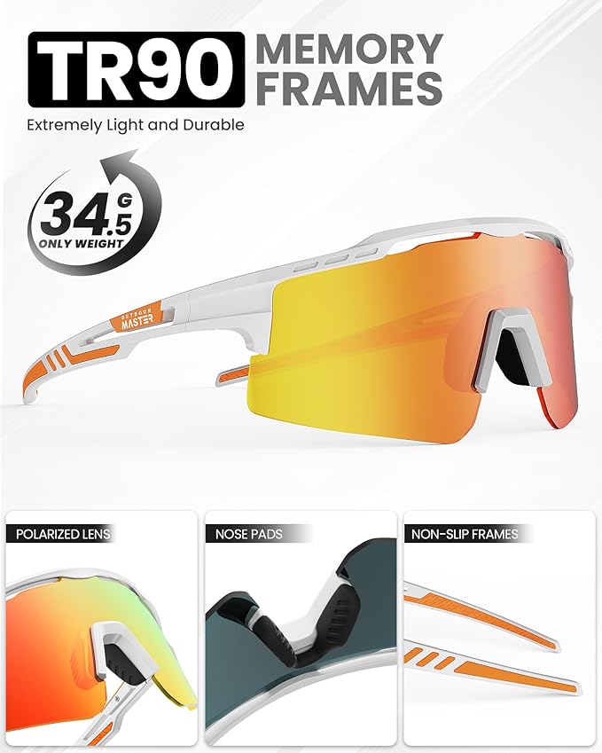 OutdoorMaster Hawk II Polarized Sports Sunglasses for Men Women, TAC 100% UV400 Protection TR90 Frame Cycling Sunglasses, Baseball Running Fishing Golf Glasses-White Frame+revo Red Cat.3,Adult