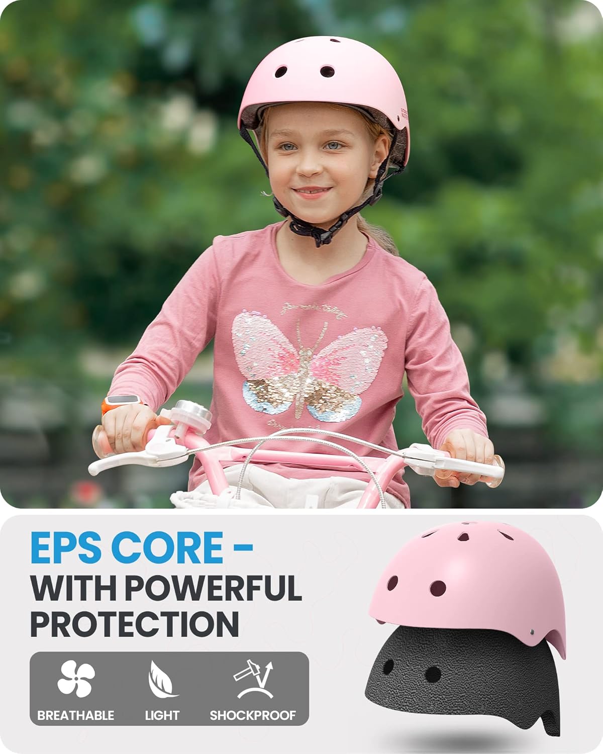 OutdoorMaster Youth & Kids Bike Helmet - Adjustable Multi-Sports Skateboard Helmet with Removable Liners for Balance Bike, Toddler Scooter, One Wheel Hoverboard-Light Pink-Large