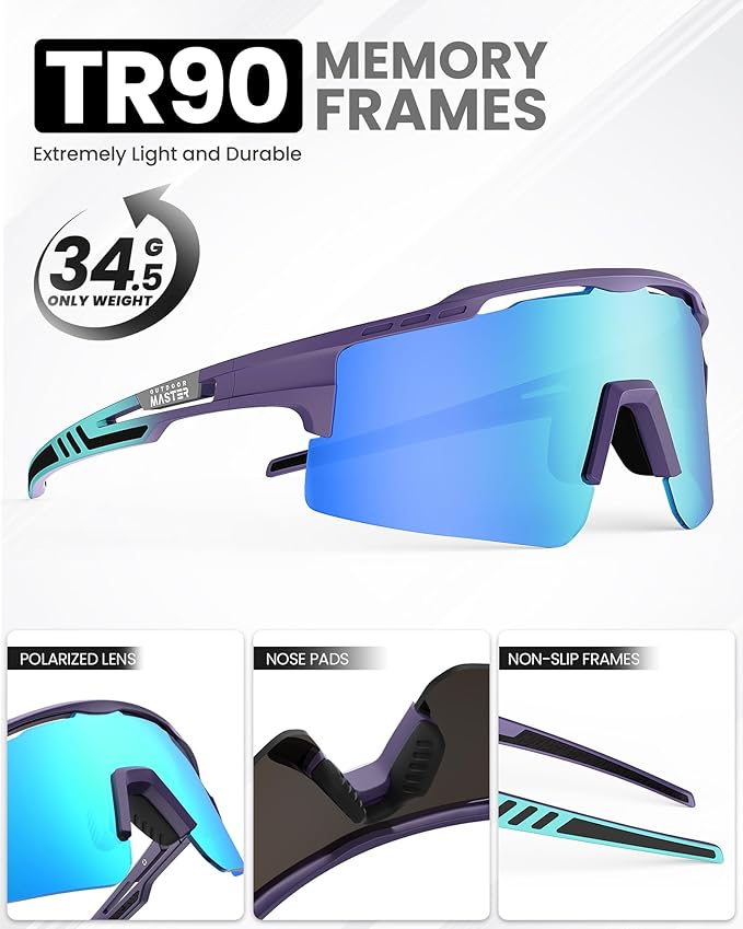 OutdoorMaster Hawk II Polarized Sports Sunglasses for Men Women, TAC 100% UV400 Protection TR90 Frame Cycling Sunglasses, Baseball Running Fishing Golf Glasses-Blue Frame+revo Blue Cat.3,Adult
