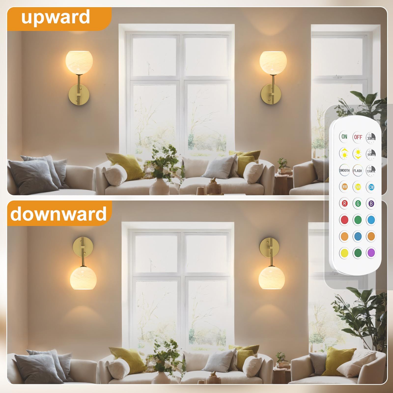 Wall Sconces Set of Two, Wireless Battery Operated Wall Decor with Remote, Sconces Wall Lighting with Glass Shade, Upward and Downward Installation, 12 RGB Colors and 3 CCT Options