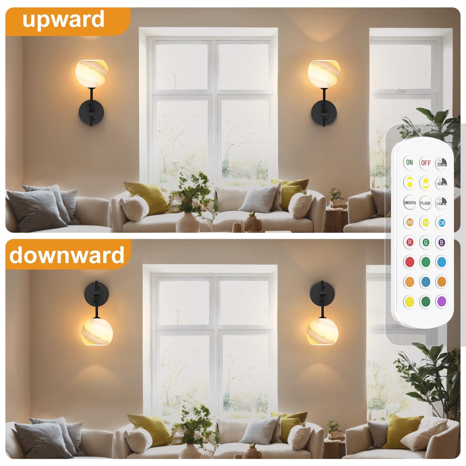 Wall Sconces Set of Two, Wireless Battery Operated Wall Decor with Remote, Sconces Wall Lighting with Glass Shade, Upward and Downward Installation, 12 RGB Colors and 3 CCT Options