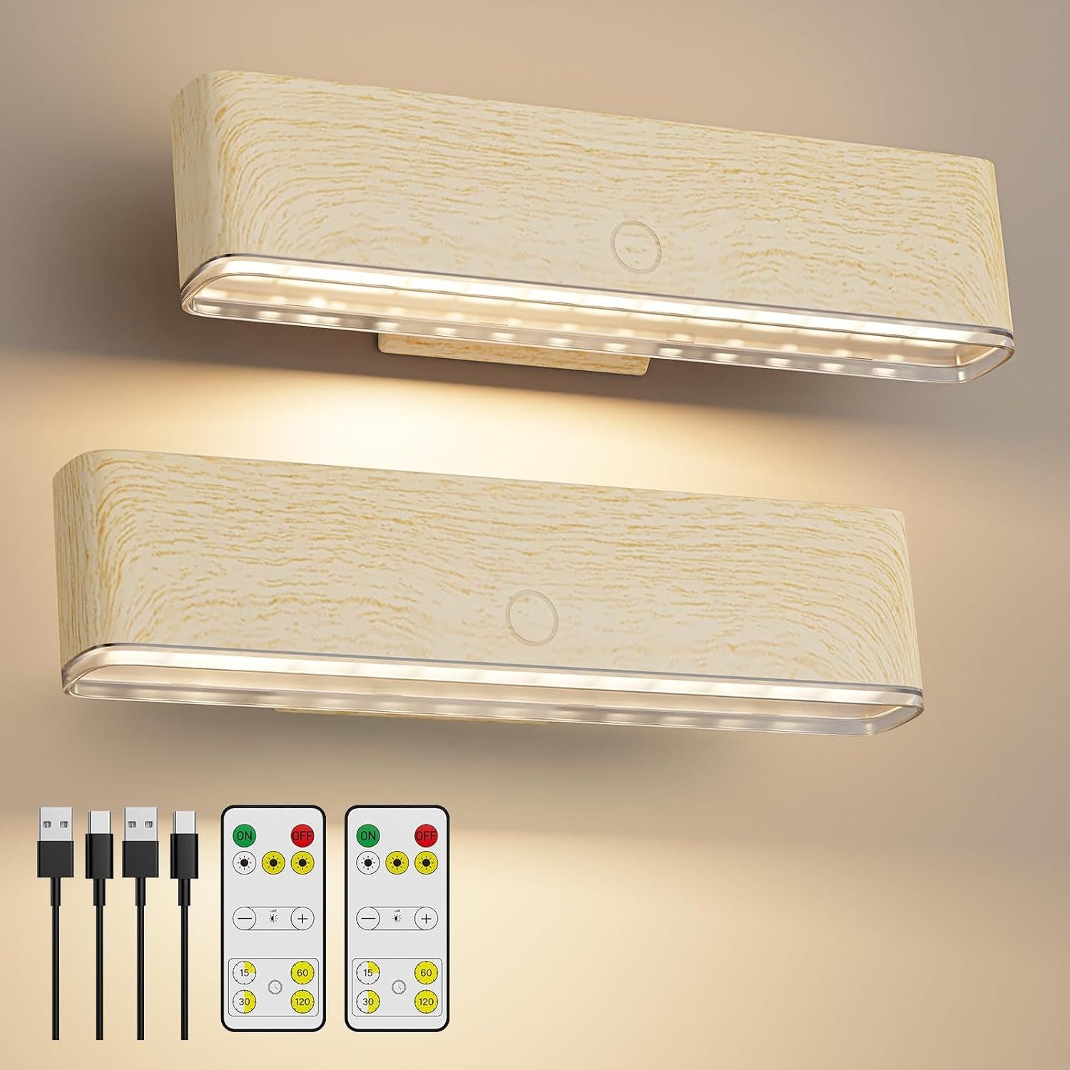 Magnetic Wireless Battery Operated Wall Sconce, Rechargeable Remote Control & Touch Control Wall Sconces Set of Two, 3-Color Temperatures LED Wall Lights, 360° Rotatable (Beech, 2-Pack)