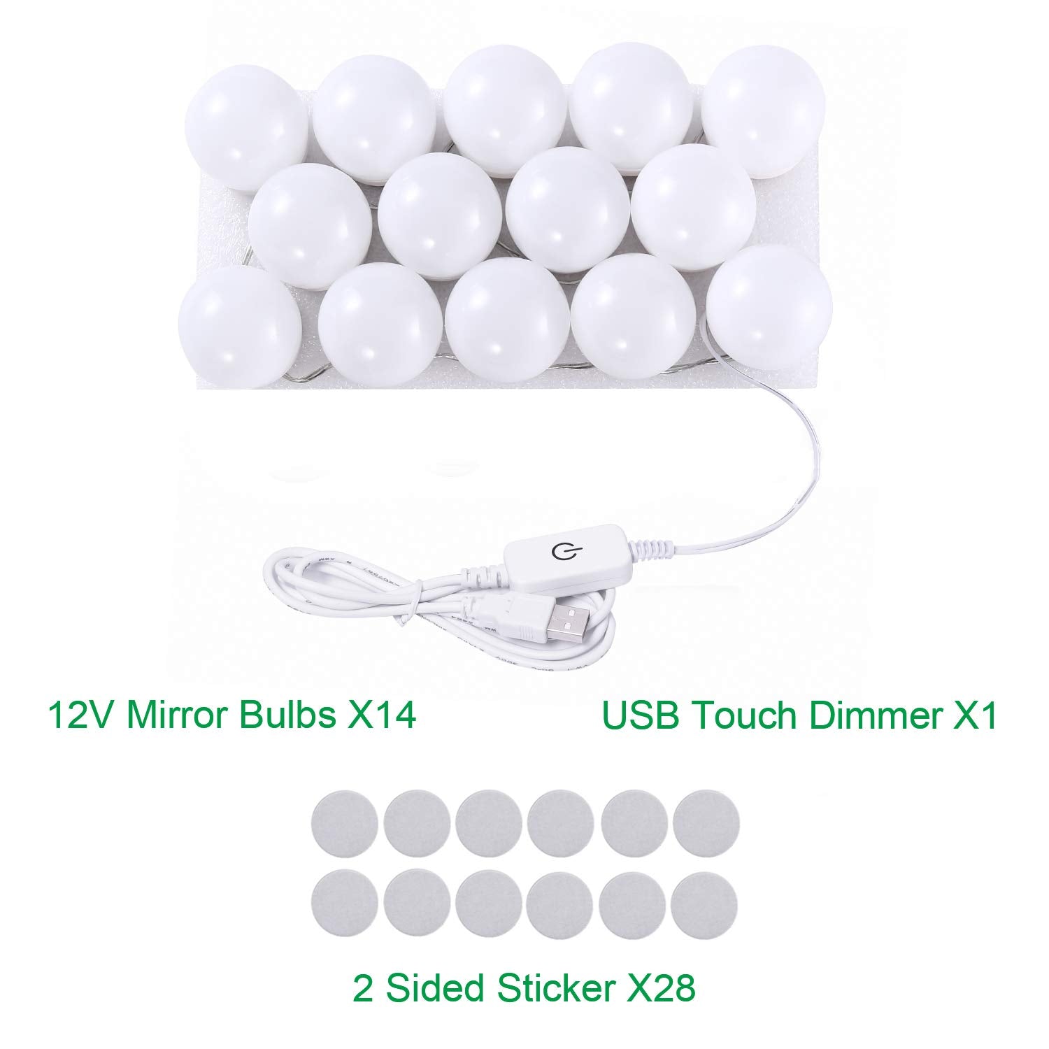 Hollywood LED Vanity Mirror Lights Kit, Dimmable Stick on USB Vanity Lights,Makeup Light Strip for for Bedroom, Dressing Room, Wedding, Party illuminating, CRI>90 (4000K Natural White 14 Bulbs 5V USB)