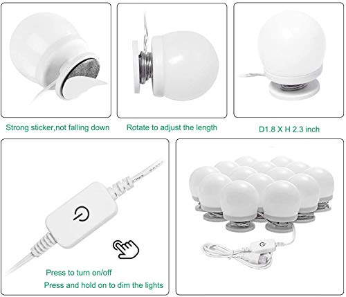 Hollywood LED Vanity Mirror Lights Kit, Dimmable Stick on USB Vanity Lights,Makeup Light Strip for for Bedroom, Dressing Room, Wedding, Party illuminating, CRI>90 (4000K Natural White 14 Bulbs 5V USB)