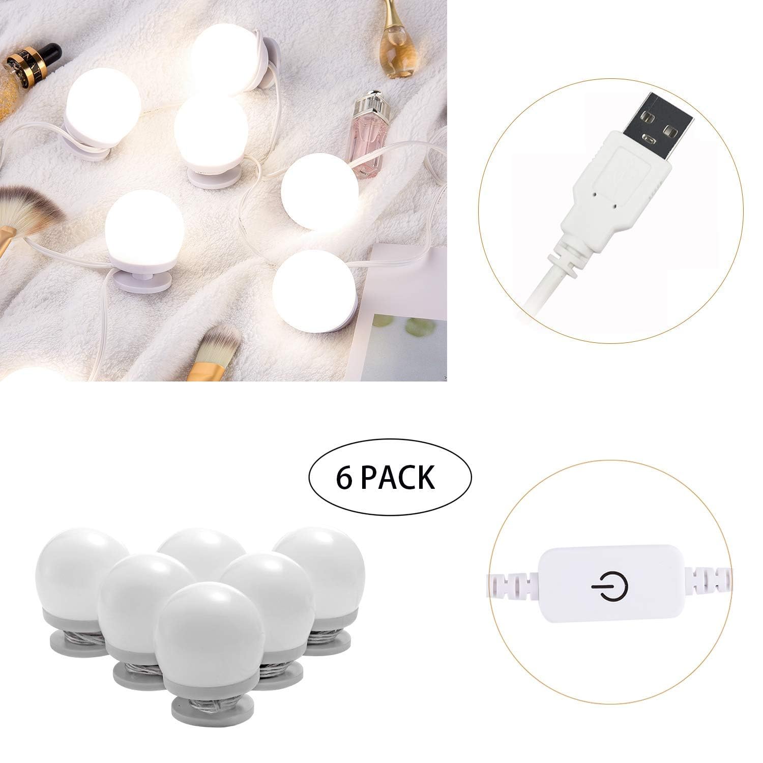 Dimmable Hollywood Style Lighted Vanity Makeup Mirror, LED Vanity Mirror Lights Kit with USB Port for Dressing Table, Mirror Not Included (4000K Natural White 6 Bulbs 5V USB)