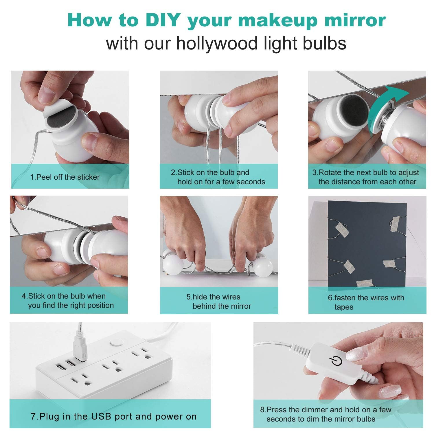 Dimmable Hollywood Style Lighted Vanity Makeup Mirror, LED Vanity Mirror Lights Kit with USB Port for Dressing Table, Mirror Not Included (4000K Natural White 6 Bulbs 5V USB)