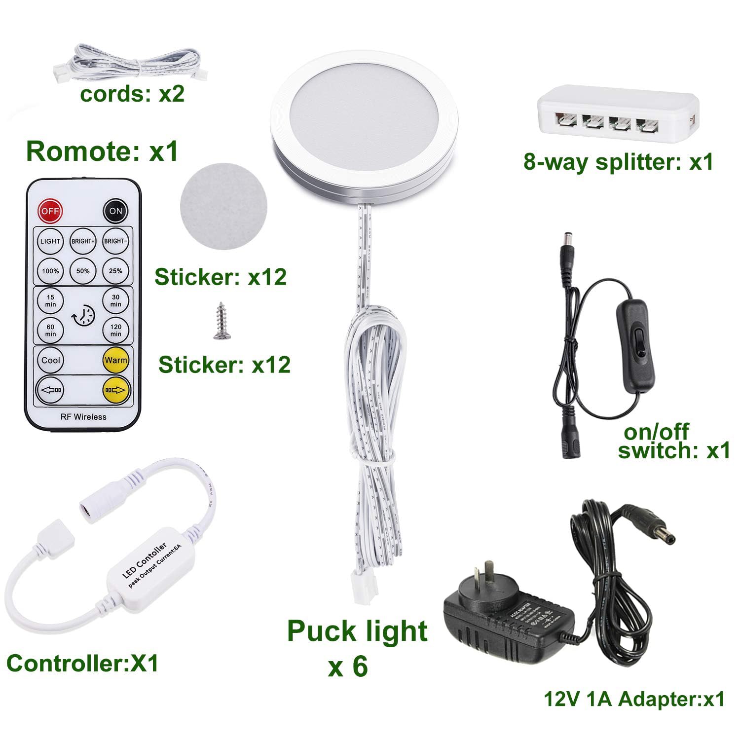 LED Under Cabinet Puck Lights CCT Light Color Temperature Adjustable Warm+White Double Color with Dimmable RF Remote Controller for Kitchen Shelf Ambiance Display Lighting (8 Lights, 24W)