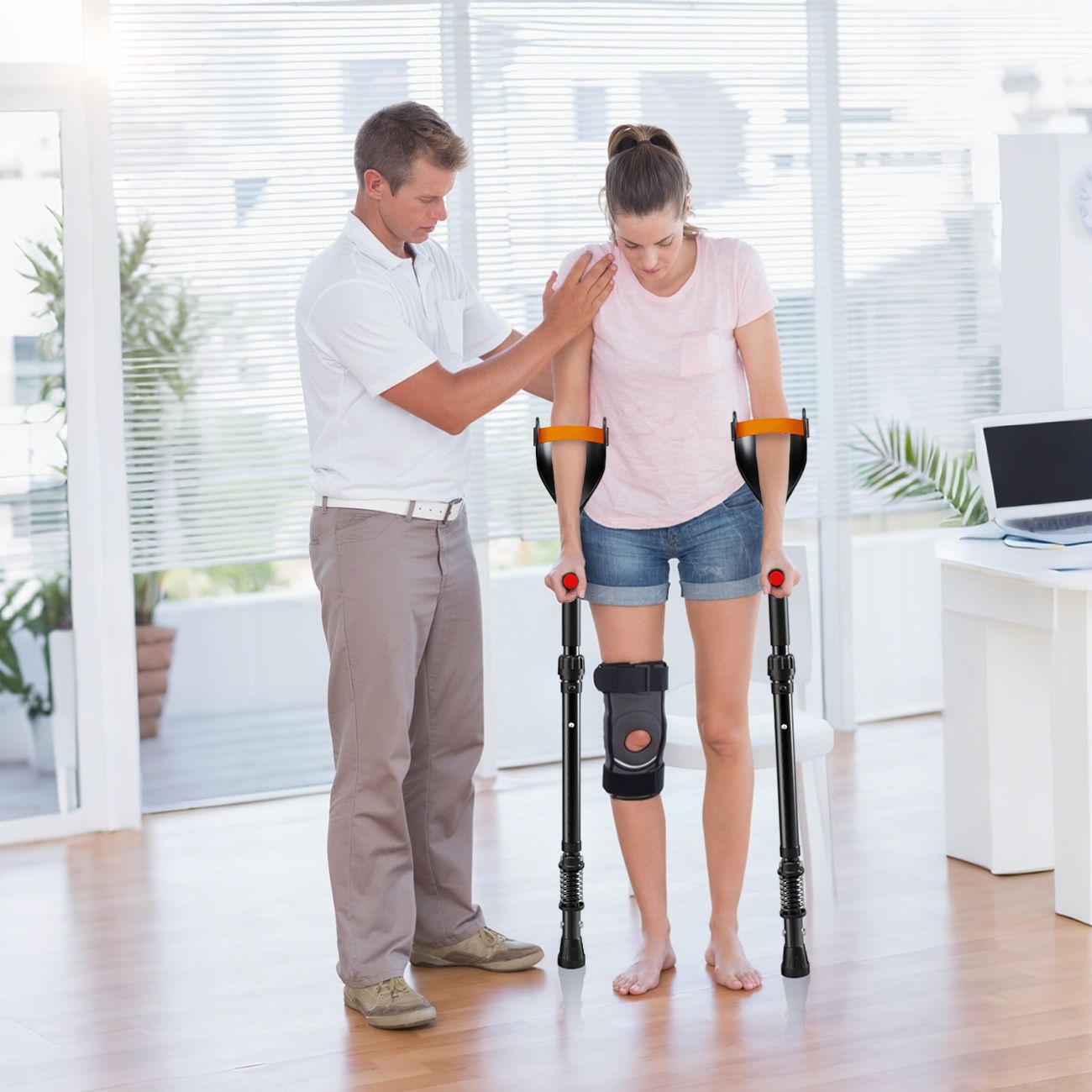 Pair of Adjustable Forearm Crutches for Adults, Lightweight Portable Walking Crutches with Spring Cushioning Design, Black