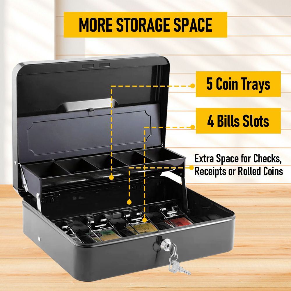 Lockable Cash Box with Coin Tray – Durable Metal Money Box with Key Lock for Bills & Change – Grey