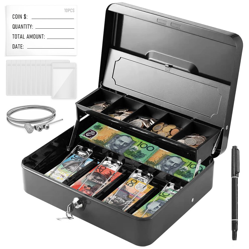Portable Heavy-Duty Metal Cash Box with Key Lock & Security Cable Lock Suitable for Small Business