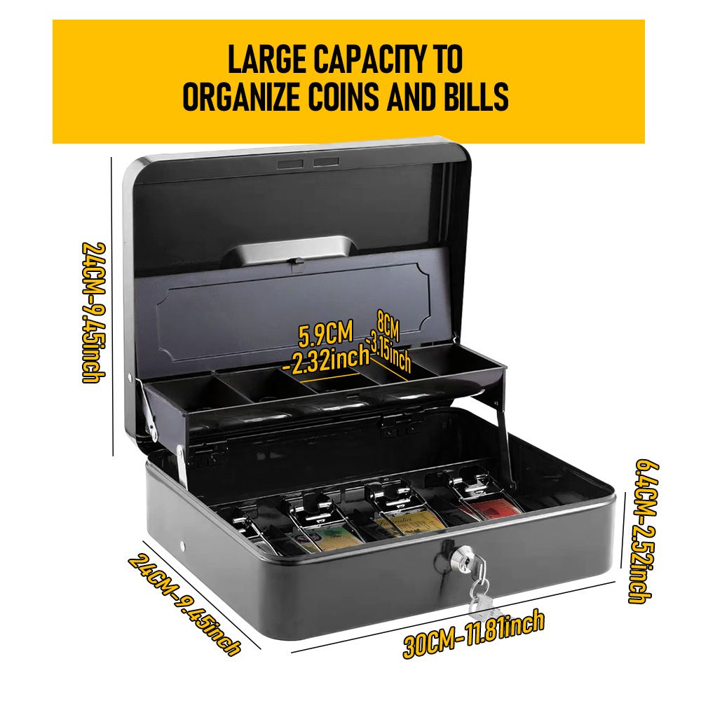 Portable Heavy-Duty Metal Cash Box with Key Lock & Security Cable Lock Suitable for Small Business