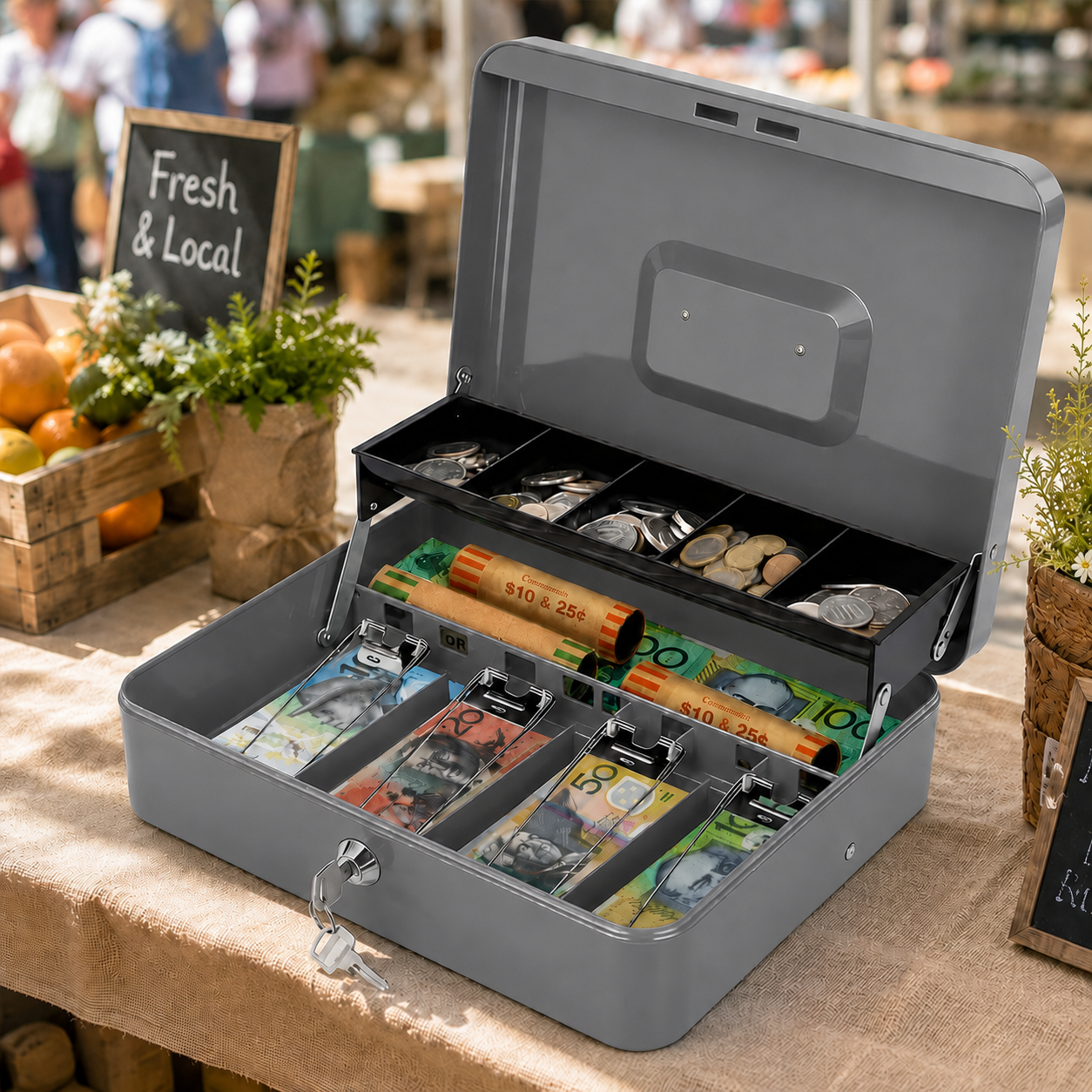 Cash Box With Security Locker And Security Cable, Money Box/Cash Tin With Money Tray For Saving Organizer-Grey