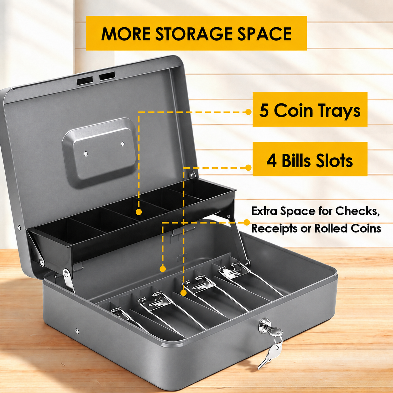 Cash Box With Security Locker And Security Cable, Money Box/Cash Tin With Money Tray For Saving Organizer-Grey