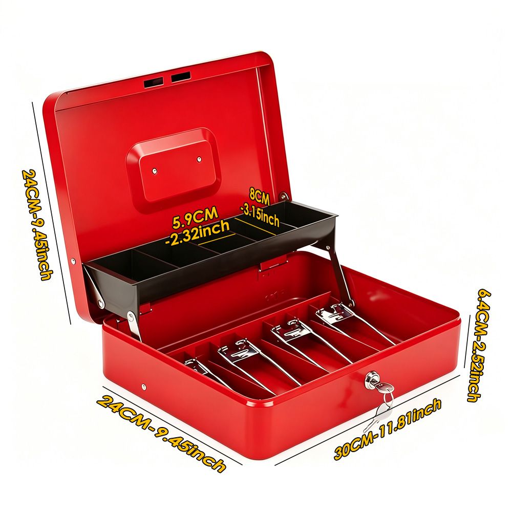 Cash Box With Security Locker And Security Cable, Money Box/Cash Tin With Money Tray For Saving Organizer-Red