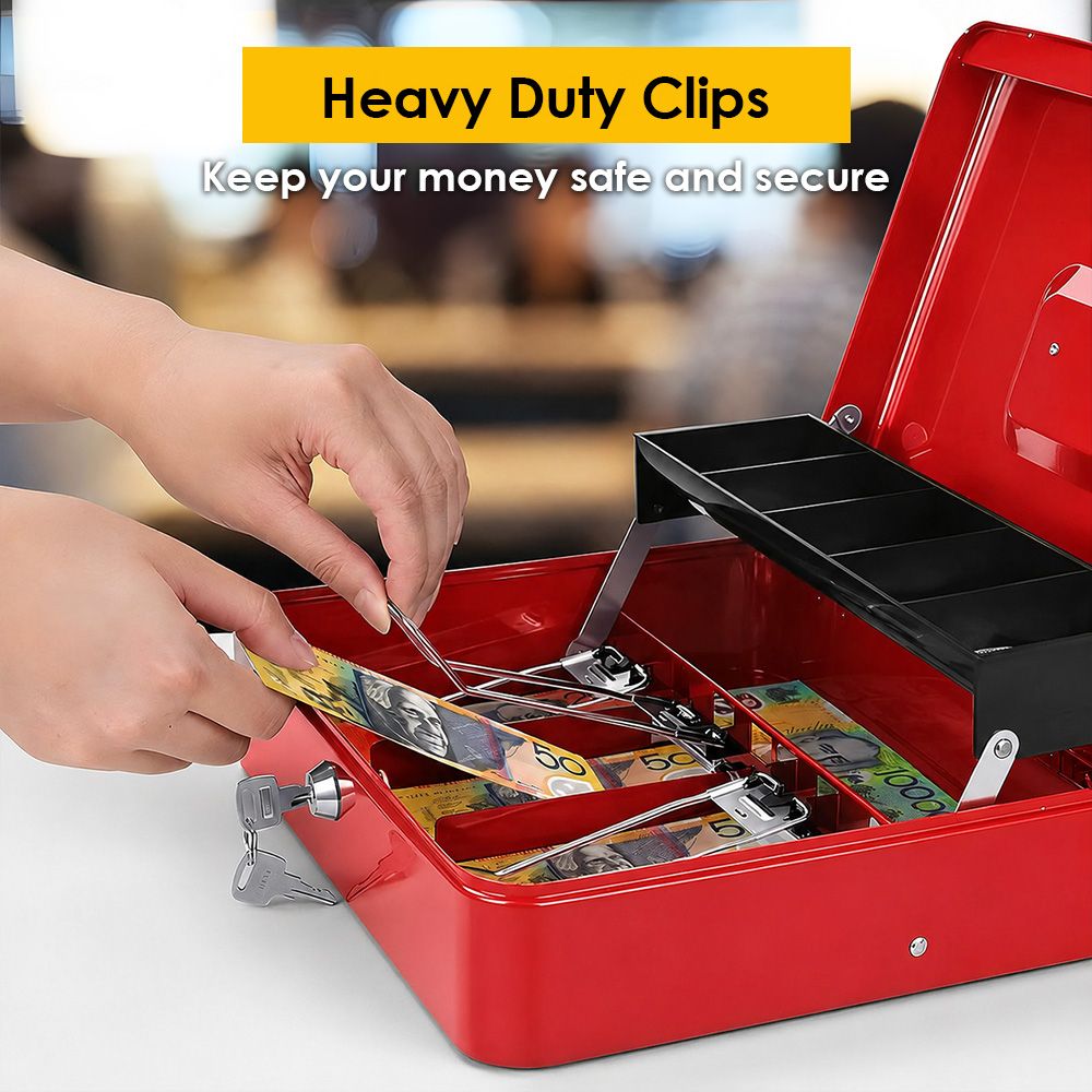 Cash Box With Security Locker And Security Cable, Money Box/Cash Tin With Money Tray For Saving Organizer-Red