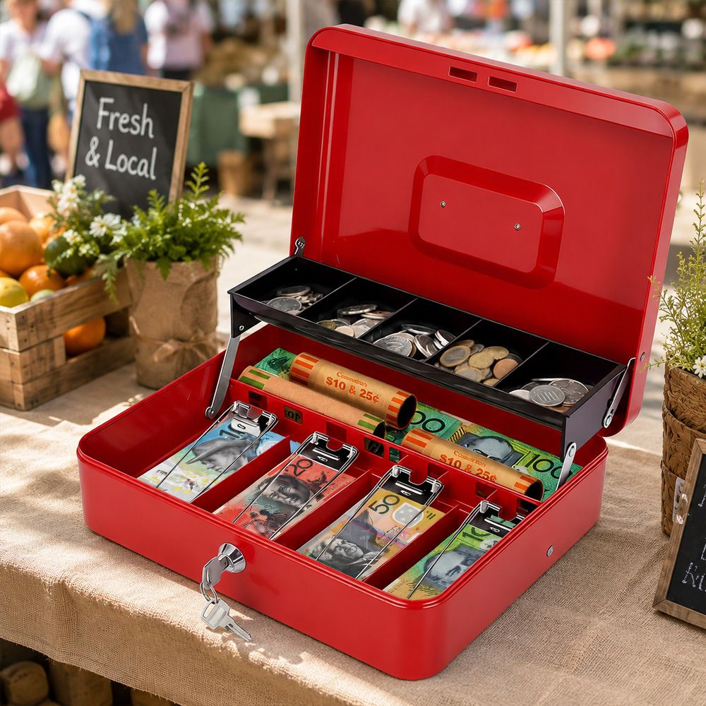 Cash Box With Security Locker And Security Cable, Money Box/Cash Tin With Money Tray For Saving Organizer-Red